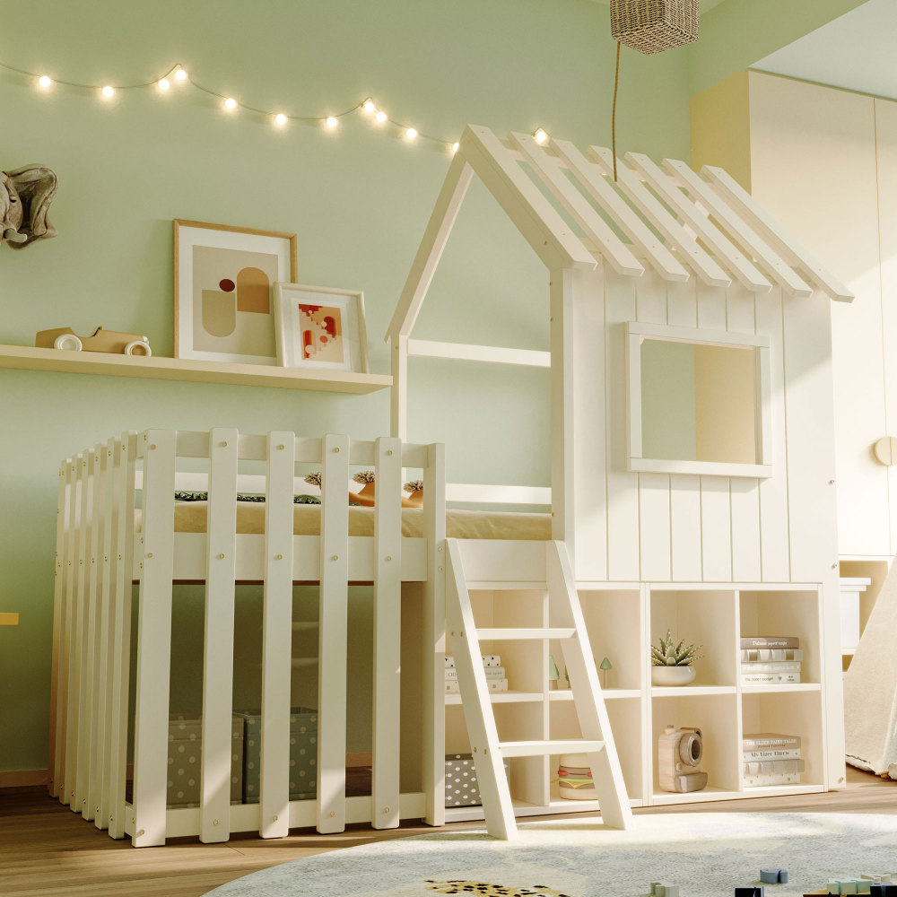 Cama semi alta 90x200cm con almacenaje y escalera, madera maciza – blanco