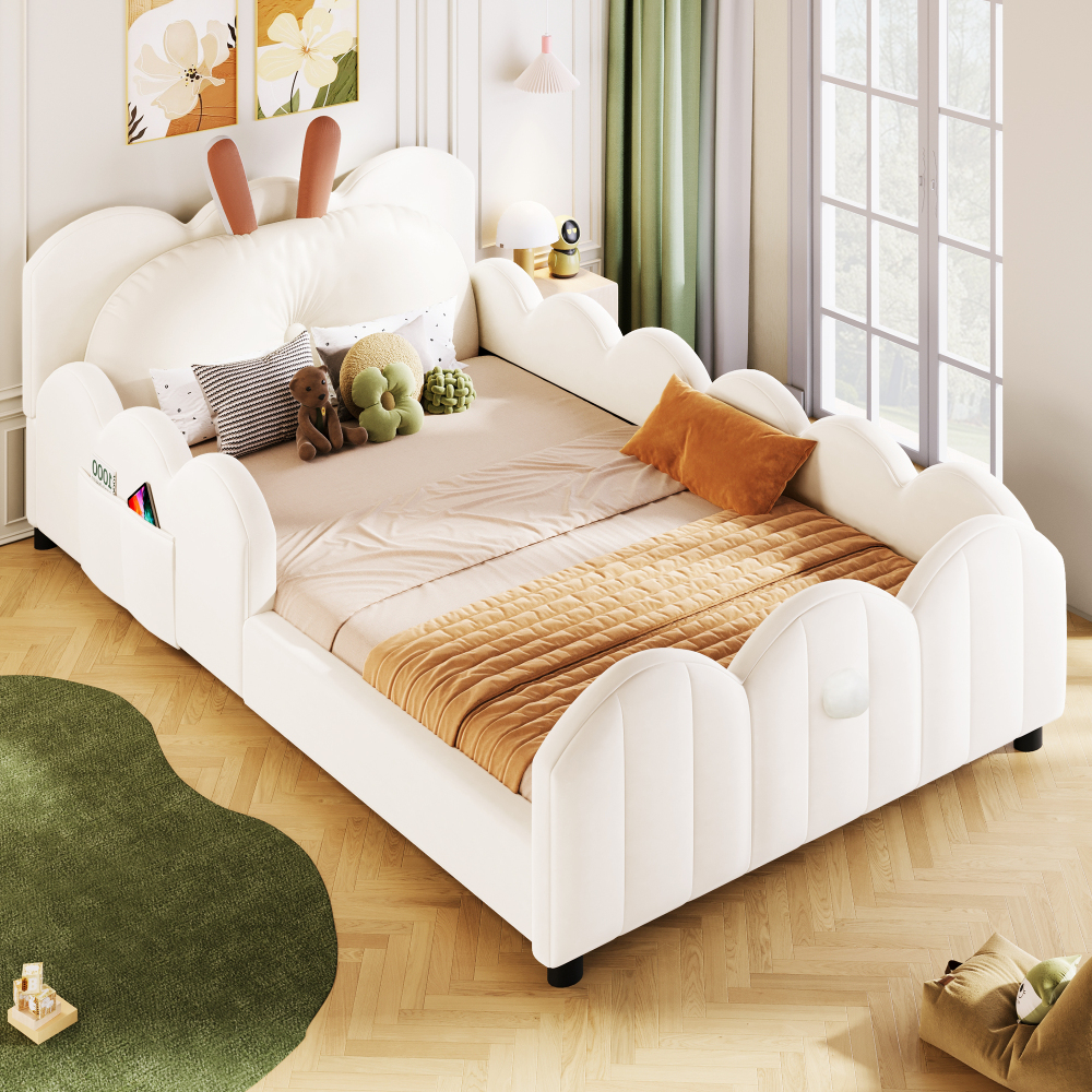 Cama tapizada 90x200 cm con barandillas y cojín decorativo mdf – beige