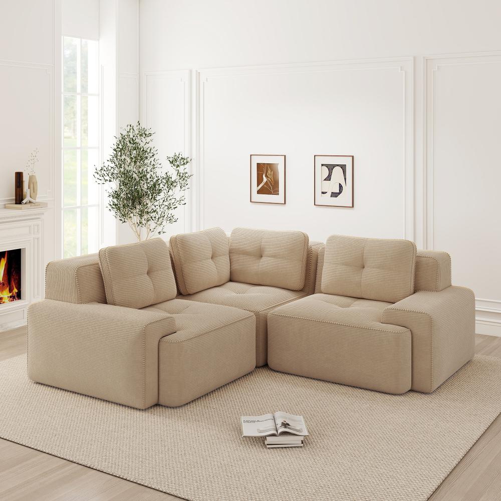 Sofá modular en l de pana beige con asiento profundo