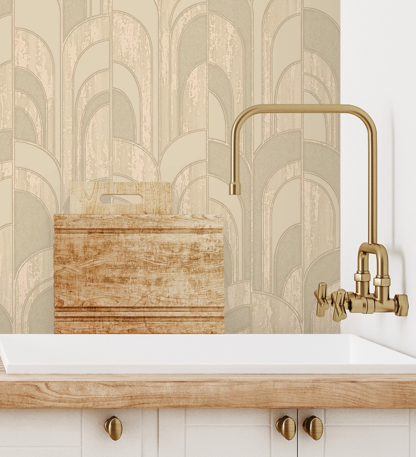 Papel pintado gaulan de arcos art déco crema con textura en 10.6m²