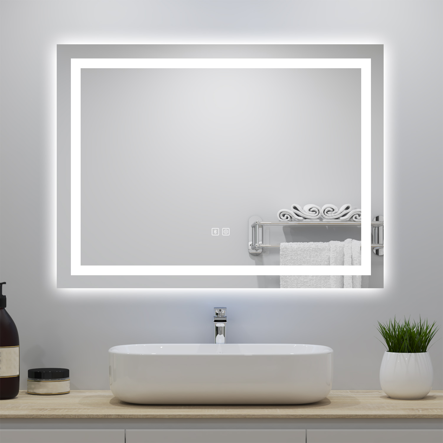 Espejo de baño LED 80×60cm + bluetooth + regulación continua + antivaho