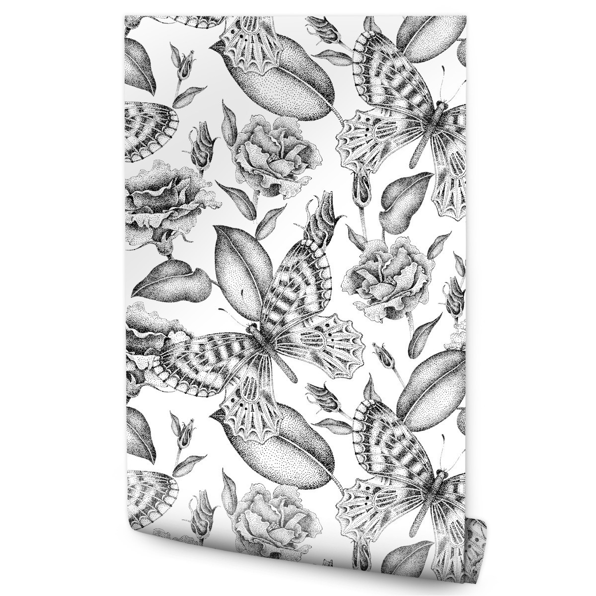 Papel Pintado Mariposas Flores Y Hojas En Blanco Negro Para Sala 53cm x 10m