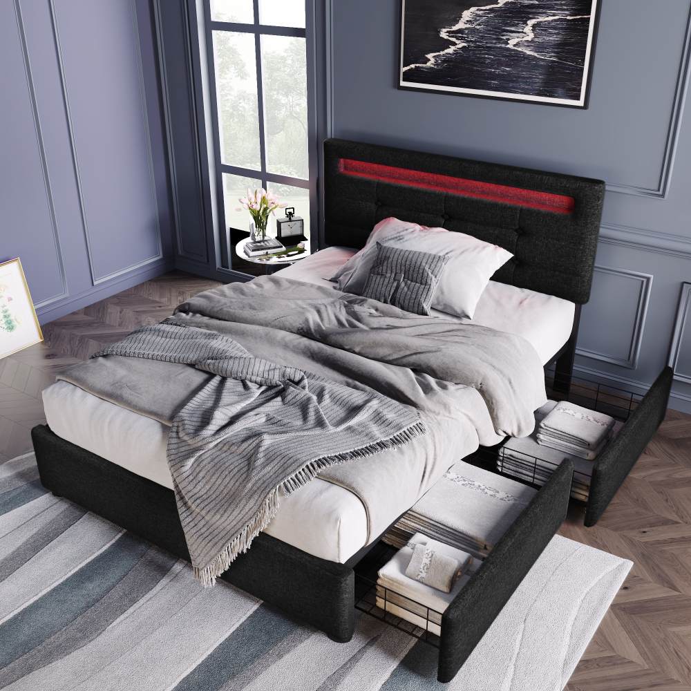 Cama individual 90x200cm con LED, 2 cajones y cabecero ajustable lino negro