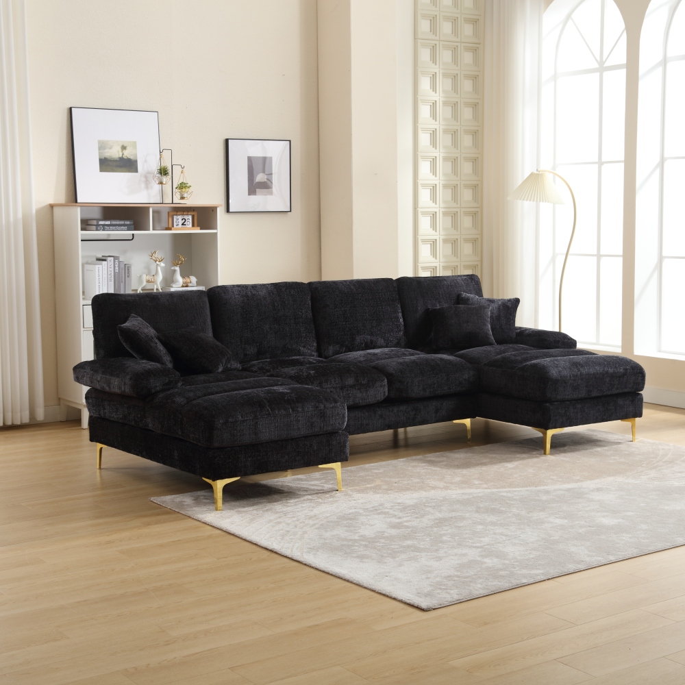 Sofá en u con 2 chaise longue chenilla negro 6 plazas patas metal
