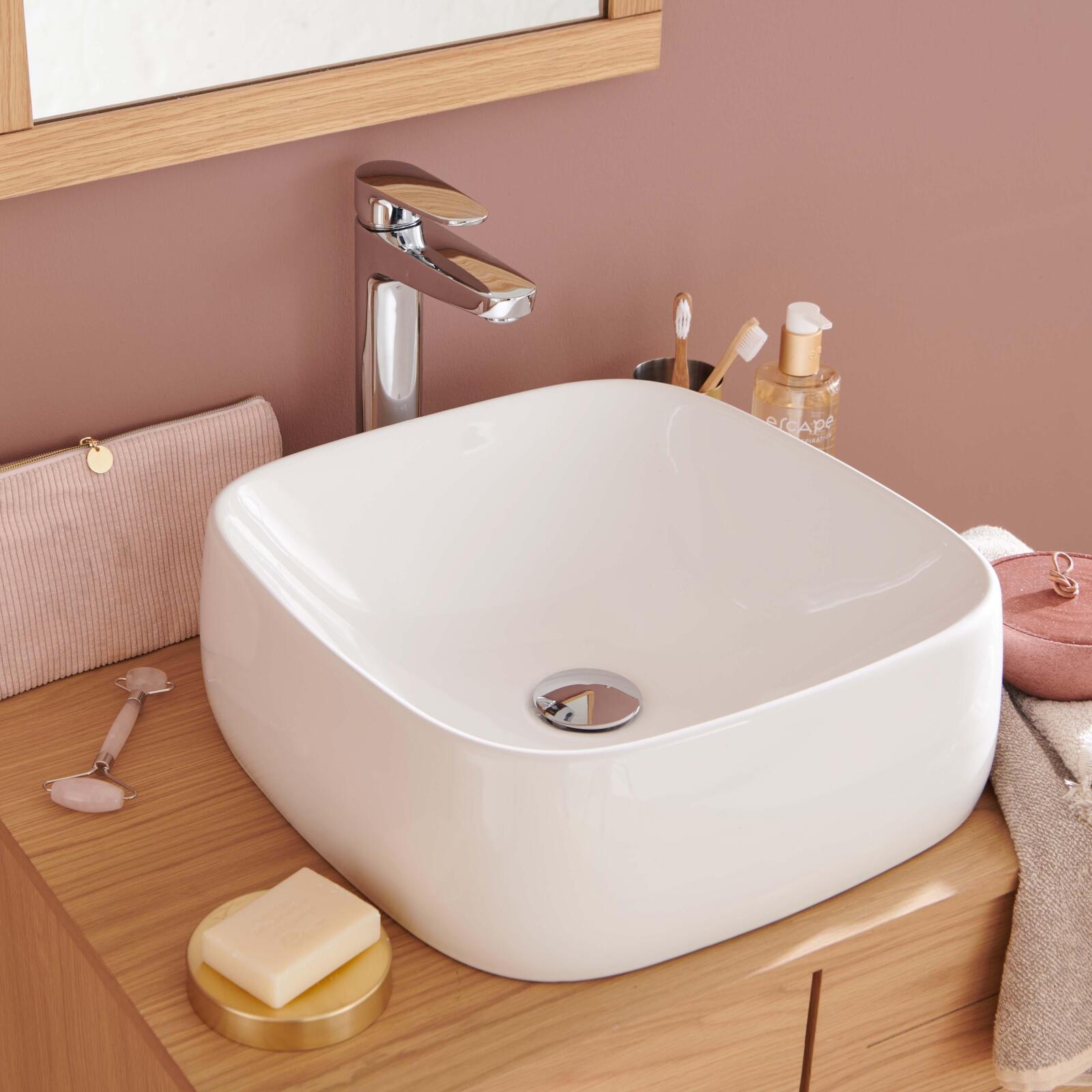 Lavabo sobre encimera cuadrado de cerámica blanca inu de 39 cm
