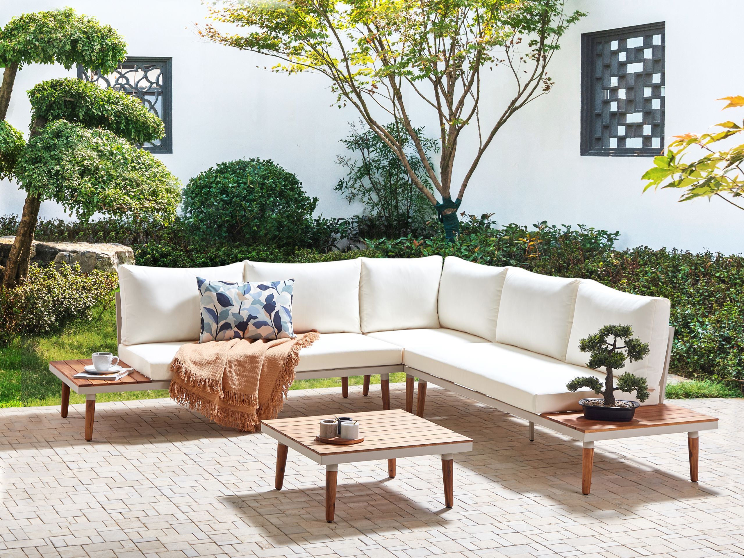 Conjunto esquinero de jardín 5 plazas corato madera de acacia blanco crema