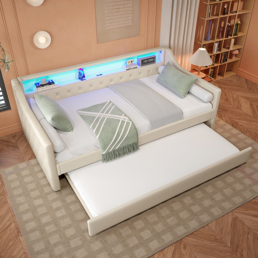 Sofá cama 90x200cm con cama nido, LED y usb de lino – color beige