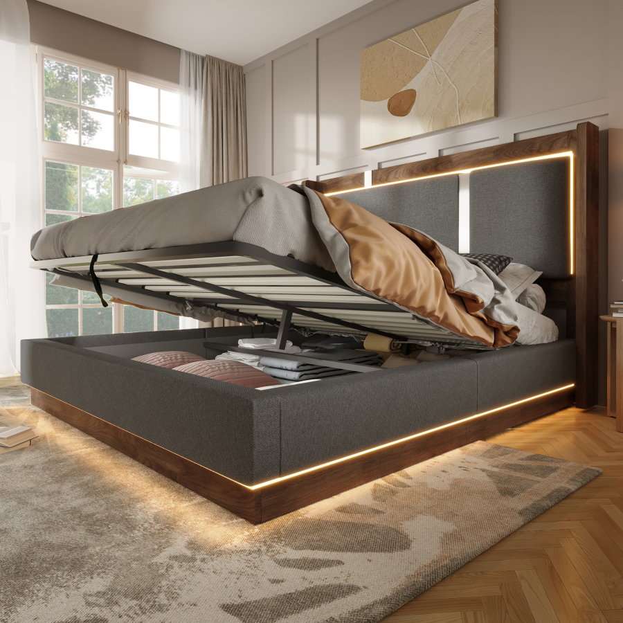 Cama tapizada 140x200 cm con LED y canapé de lino y madera – gris y nogal