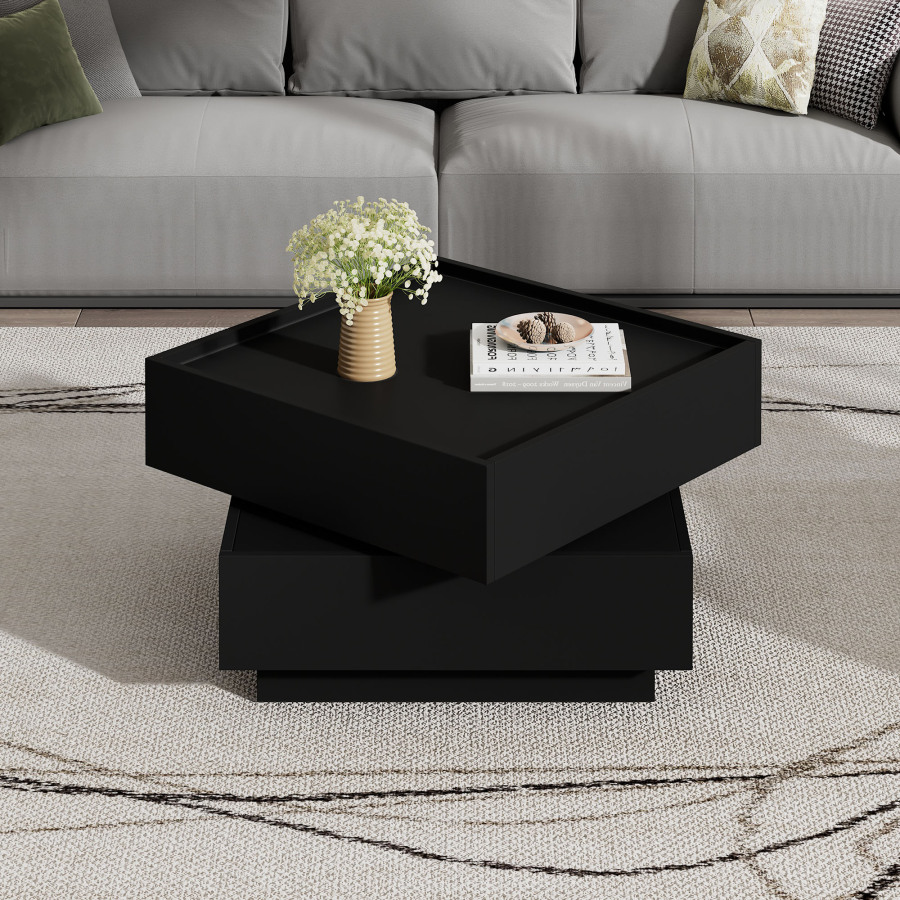 Mesa de centro giratoria negra con 2 cajones y almacenamiento 38x60x60cm