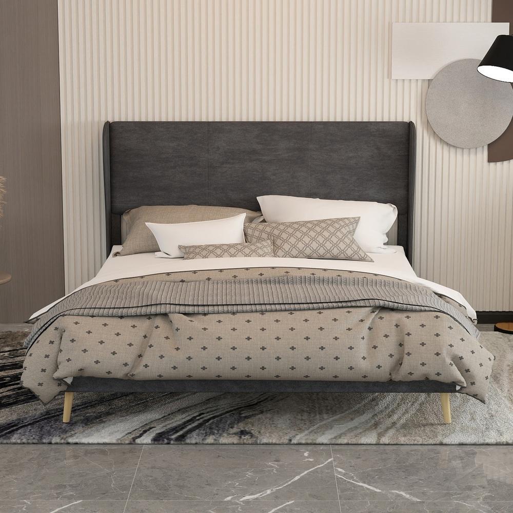 Cama 160x200cm gris con marco bajo y cabecero para dormitorio
