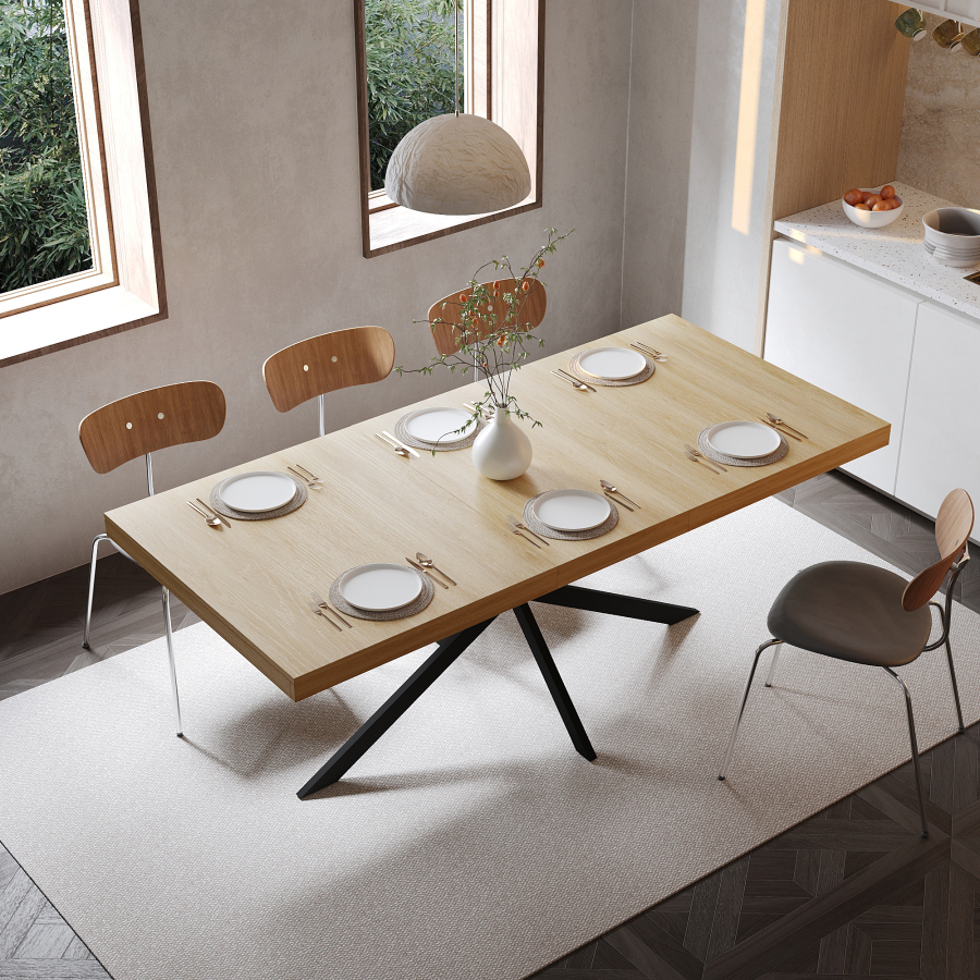 Mesa comedor extensible rectangular con almacenaje natural 76x140-180x80cm