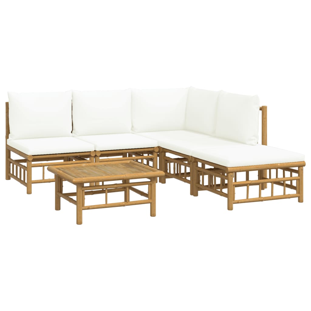 vidaXL set de muebles de jardín 6 piezas bambú y cojines blanco crema