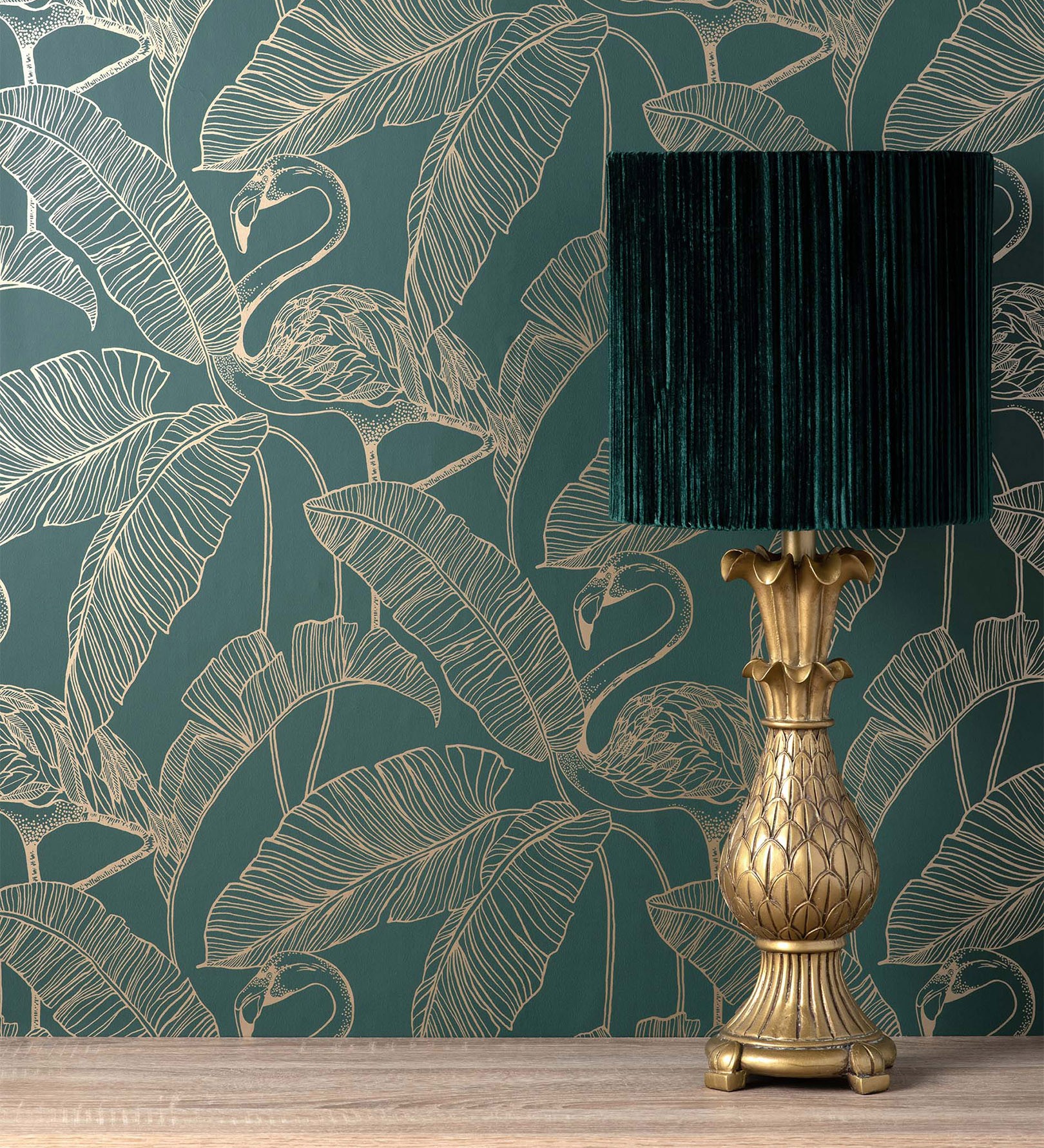 Papel pintado gaulan lavable hojas tropicales y flamencos estilo 5.23m²
