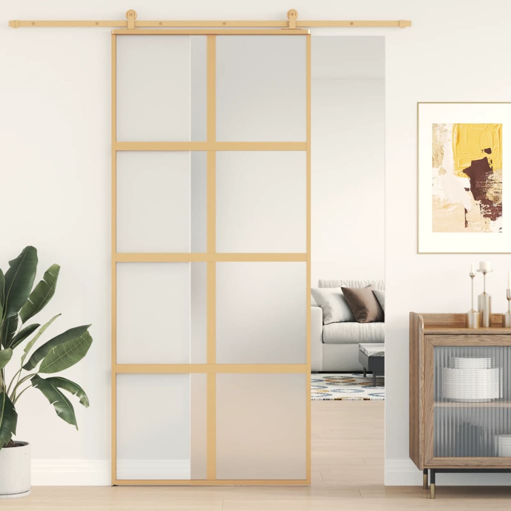 Puerta corredera dorada vidrio esg esmerilado aluminio 90x205cm esxt8286