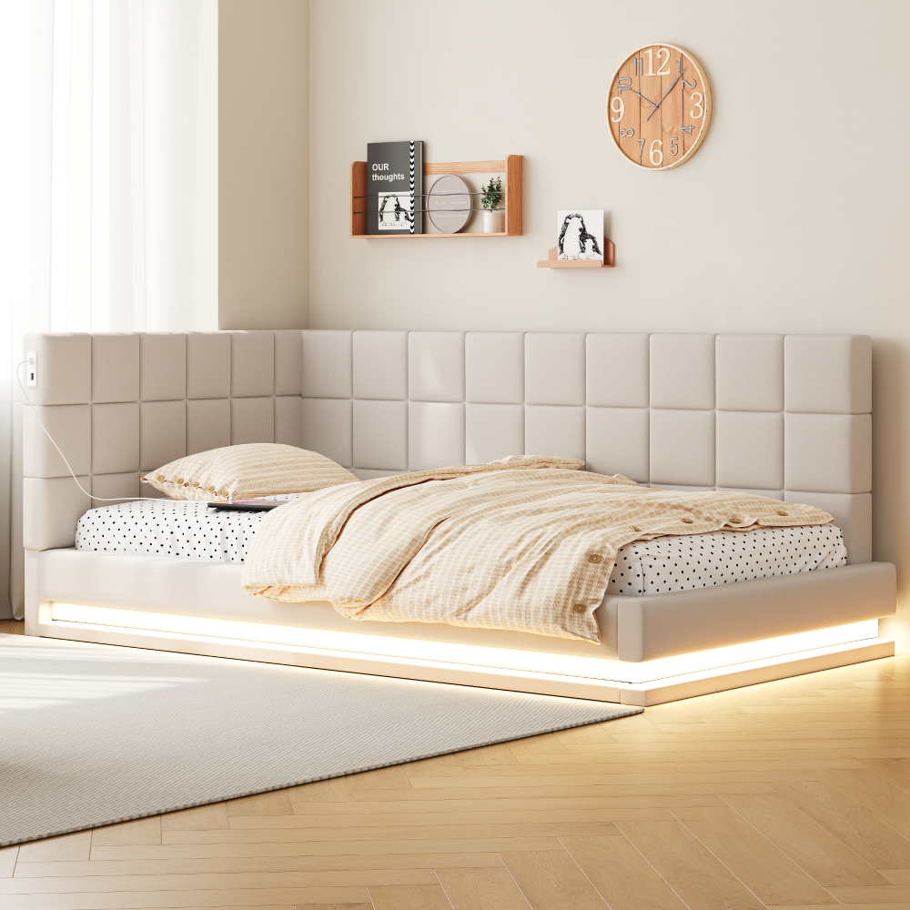 Sofá cama 90x200cm con LED, usb y somier de láminas terciopelo beige