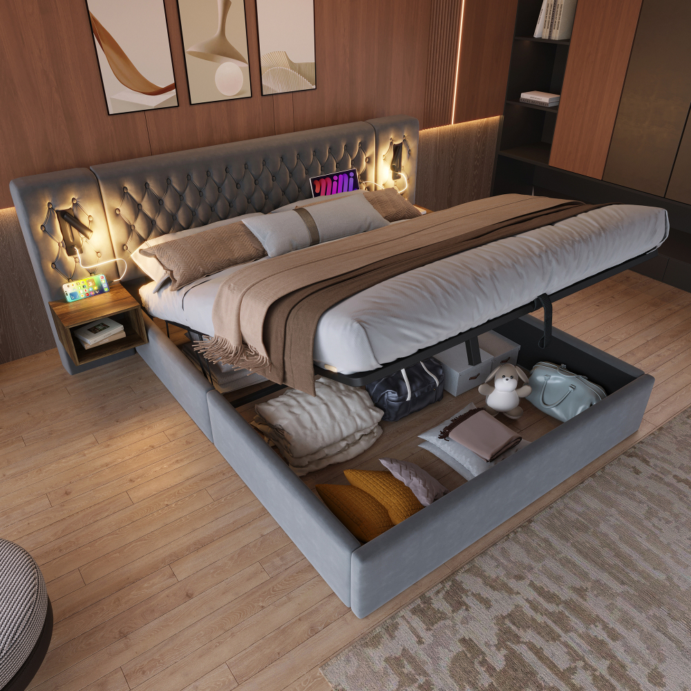 Cama doble 180x200cm con canapé, luces con usb y 2 mesitas terciopelo gris