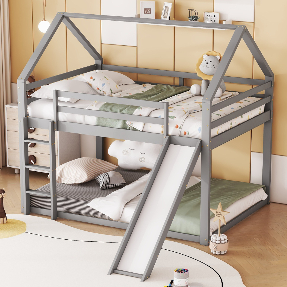 Cama alta casita 140x200cm con tobogán y escalera, pino – gris