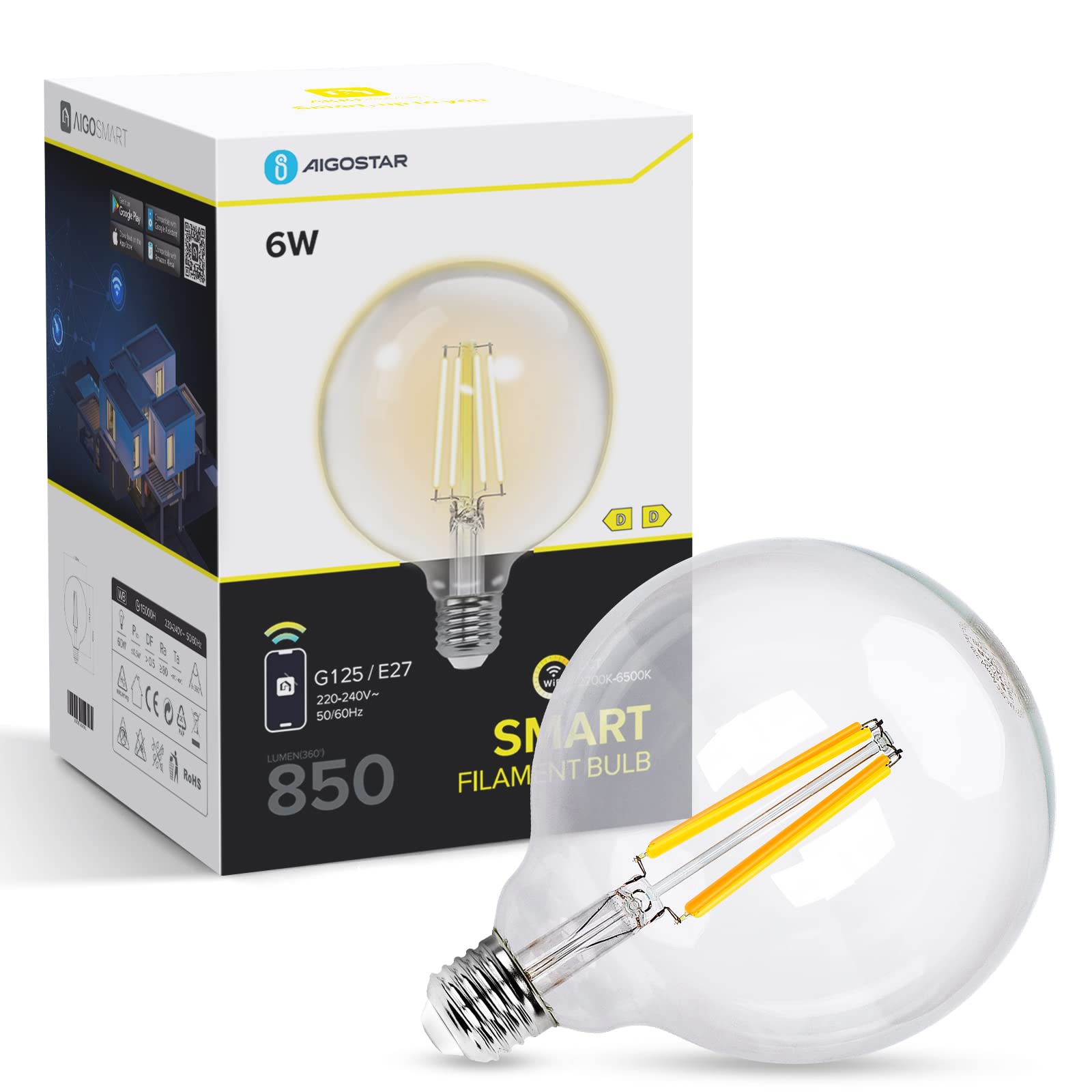 Aigostar bombilla g125 E27 6w transparente vintage alexa/google