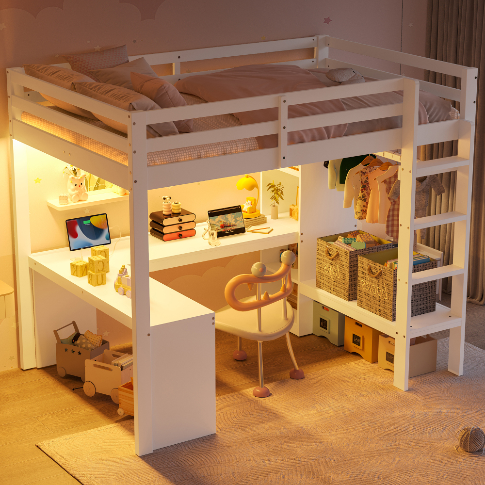 Cama alta 140x200cm con escritorio, estantes, LED y usb madera – blanco