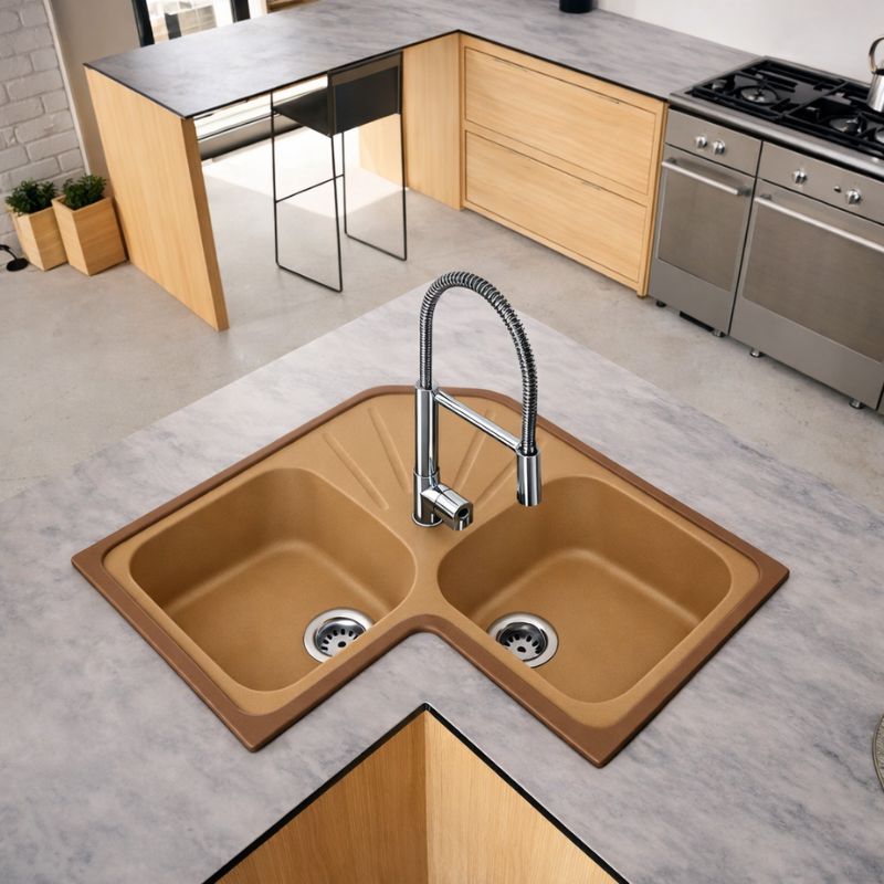 Fregadero angular ícaro 2 senos 76,5x76,5 resina tierra mueble 80 cm
