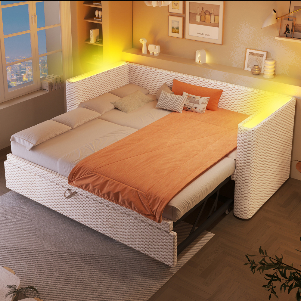 Sofá cama extensible 90x200 cm a 180x200 cm con LED de terciopelo – beige