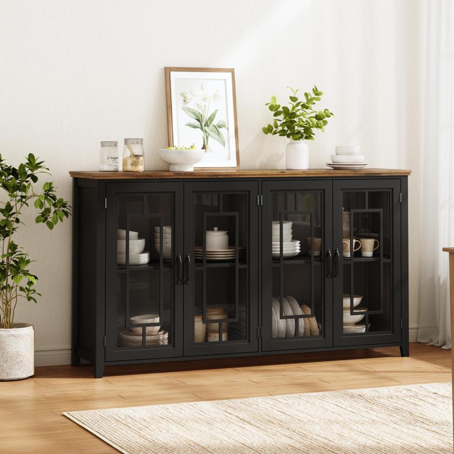 Aparador de cocina con puertas de cristal y almacenaje negro 86x160x40cm