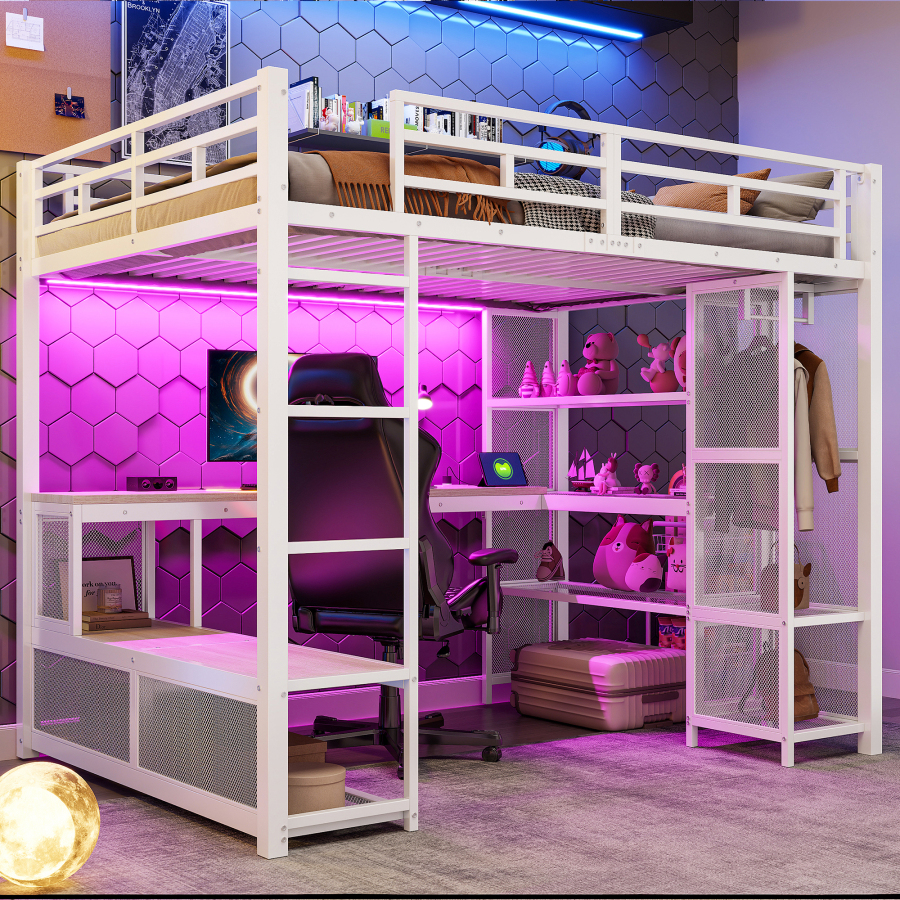 Cama alta 140x200cm mdf y metal con usb y escritorio blanca