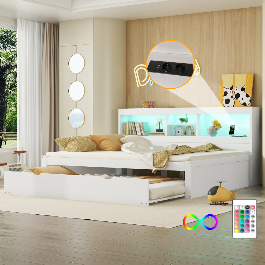 Sofá cama 140x200cm con cama nido LED usb y almacenaje mdf – color blanco
