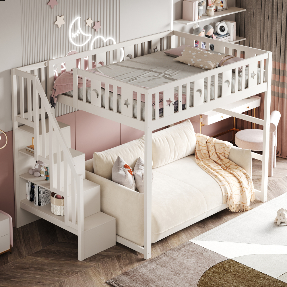Cama alta 140x200cm escalera de almacenamiento y barandilla madera – blanco
