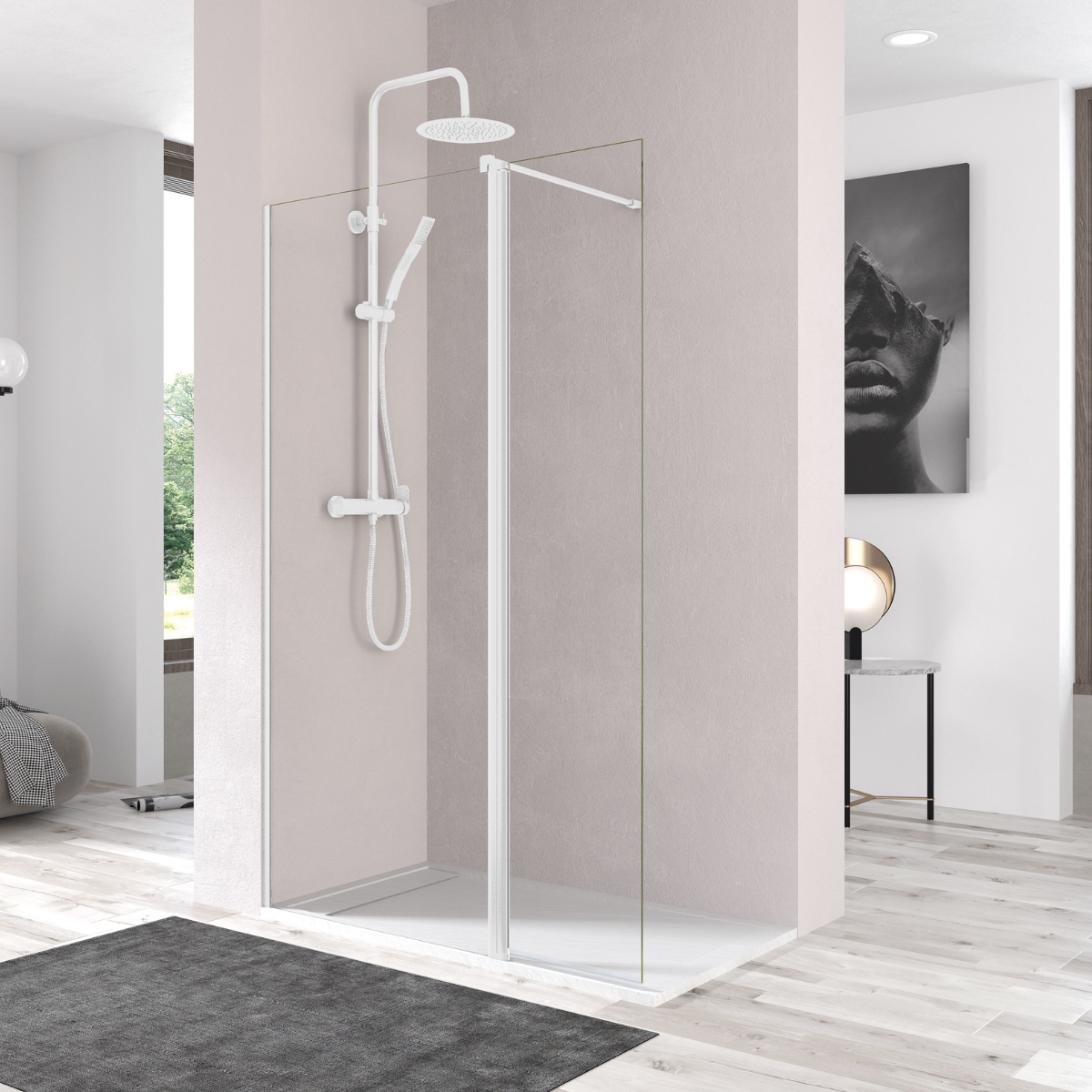 Mampara ducha puerta abatible pivotante 80cm + 40cm transparente blanco