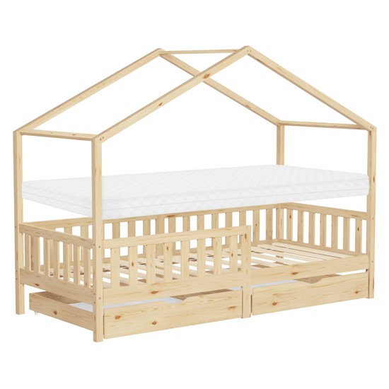Cama infantil casa de madera natural 90x200cm 2 cajones + colchón 10cm