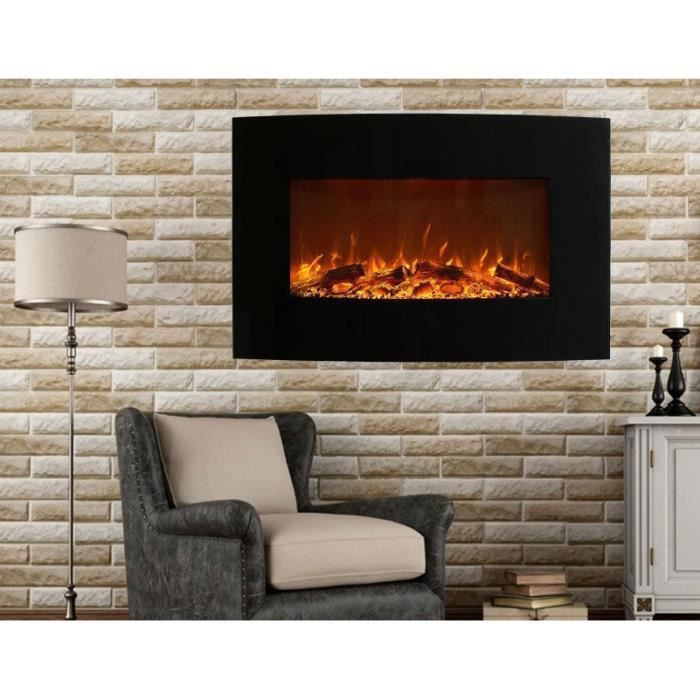Chimenea eléctrica mural curva negra 2000w, llama LED, calefacción, mando