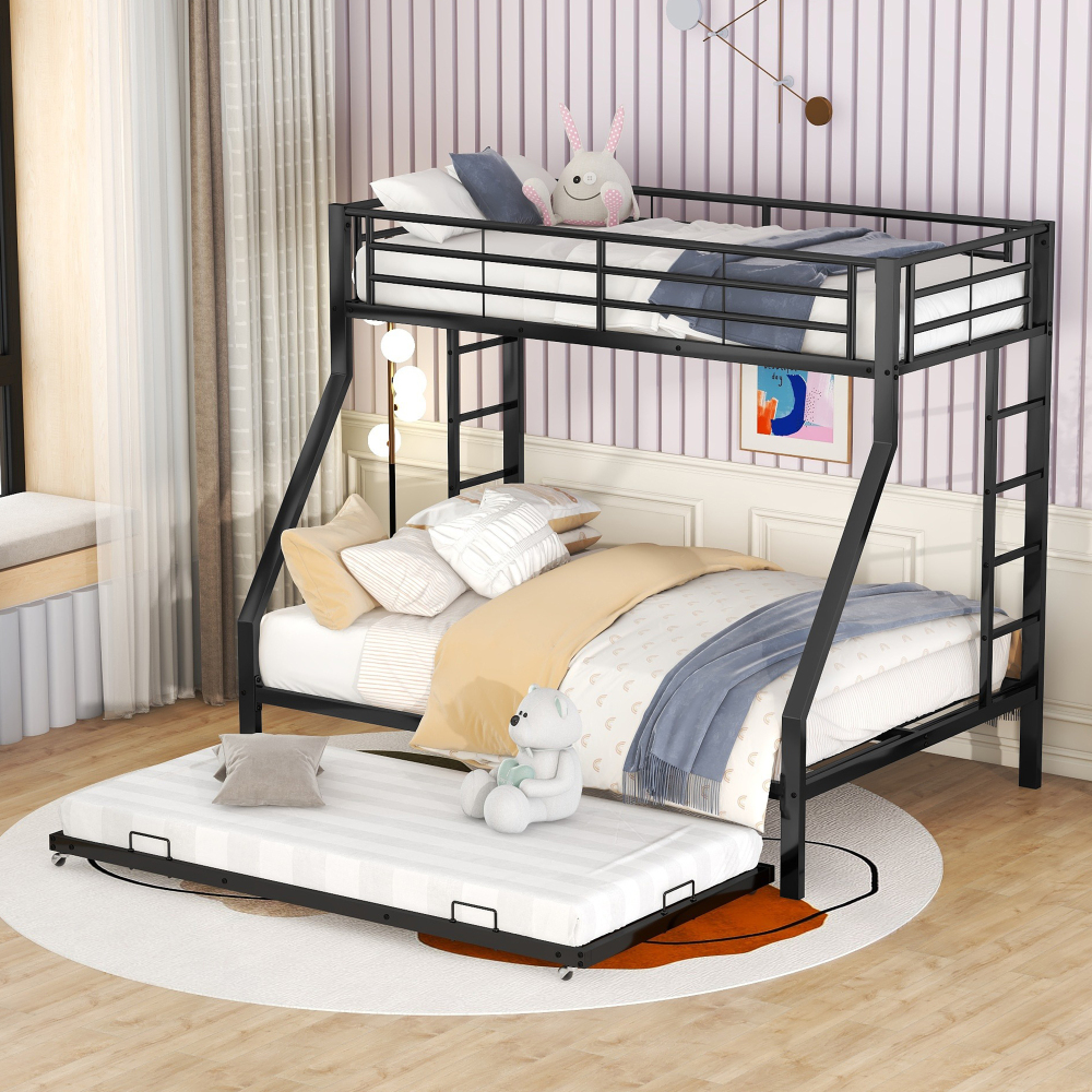 Litera metálica 90/140x200cm con cama nido, escalera a ambos lados – negro