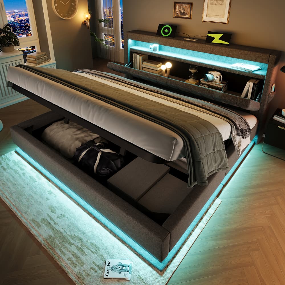 Cama tapizada 160x200 cm con LED, usb y canapé hidráulico lino – color gris