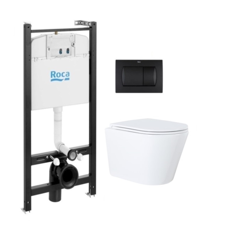 Roca active y pulsador negro y wc susp. Orion blanco tapa fina 51,5 cm kp