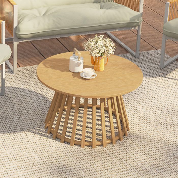 Mesa baja de jardín redonda metal efecto madera 70 cm