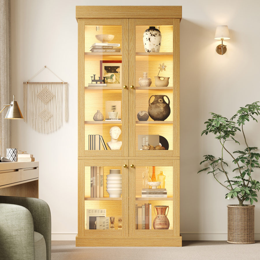 Vitrina alta con LED madera natural 180x80x40cm