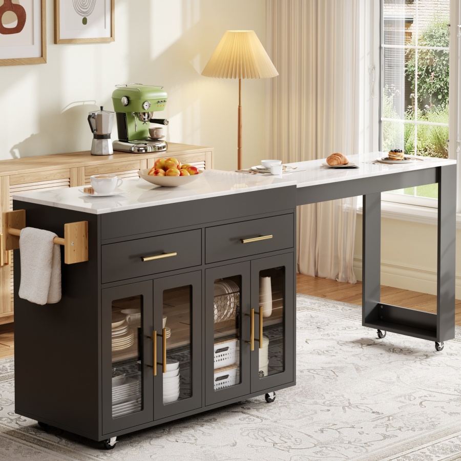 Isla cocina barra extraíble 2 cajones negro 93x132,5-217x50cm