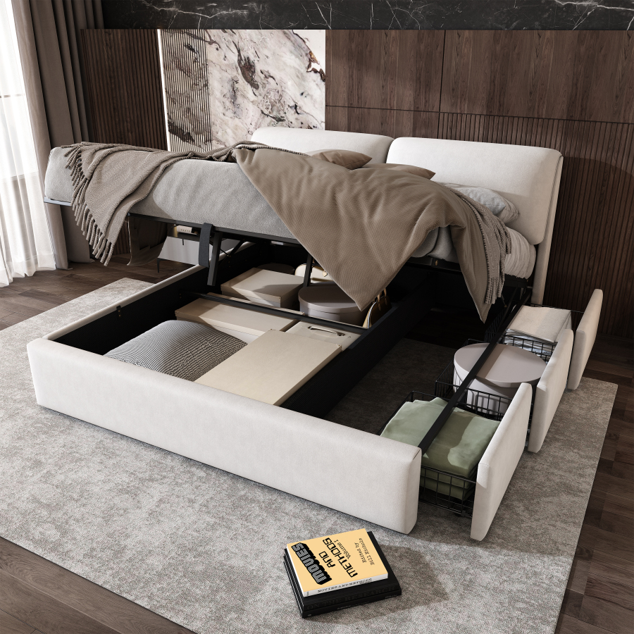Cama tapizada 160x200 cm con almacenaje y cajones terciopelo - beige