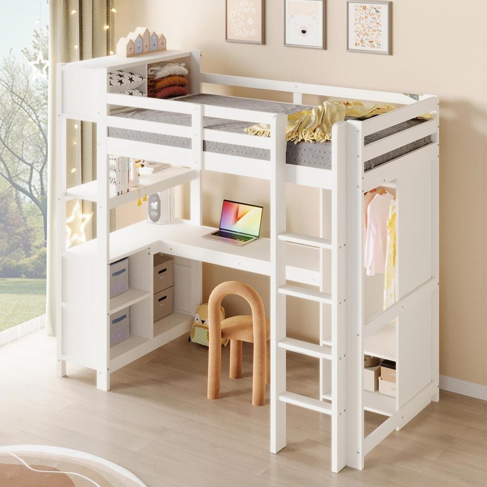 Cama alta 90x200cm con escritorio, baldas, armario y barandilla blanca