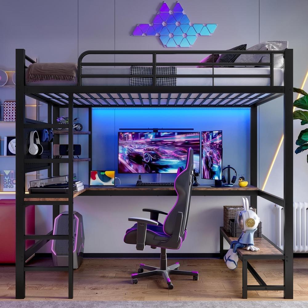 Litera mezzanine 90x200cm con escritorio LED usb-c estantes negro