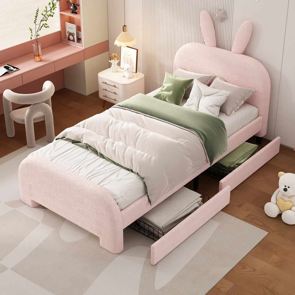 Cama infantil 90x200 cm con cajones peluche y mdf – color rosa
