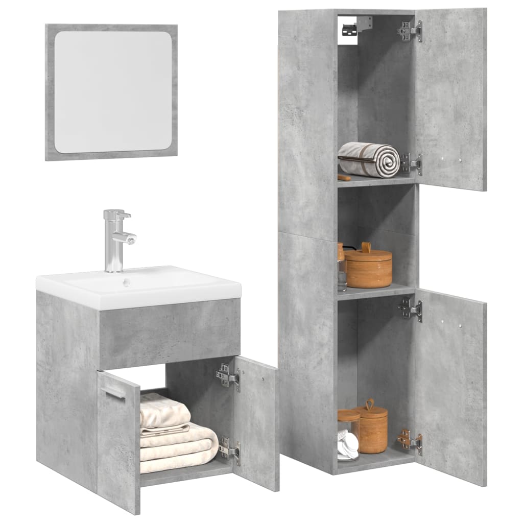 Juego de muebles de baño de 3 piezas con acabado en madera y cemento gris.