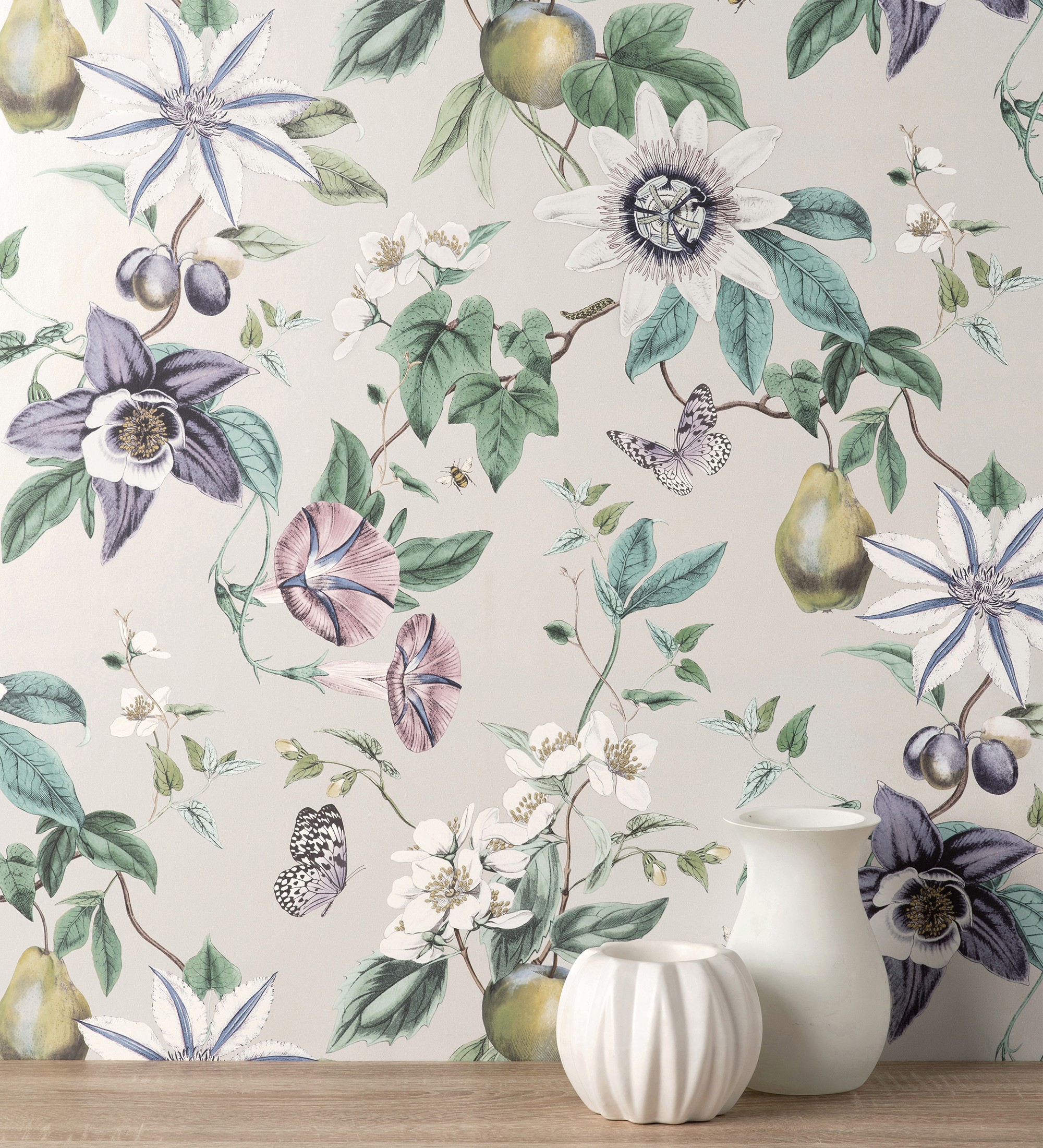 Papel pintado gaulan de flores y frutos nácar 5.23m²
