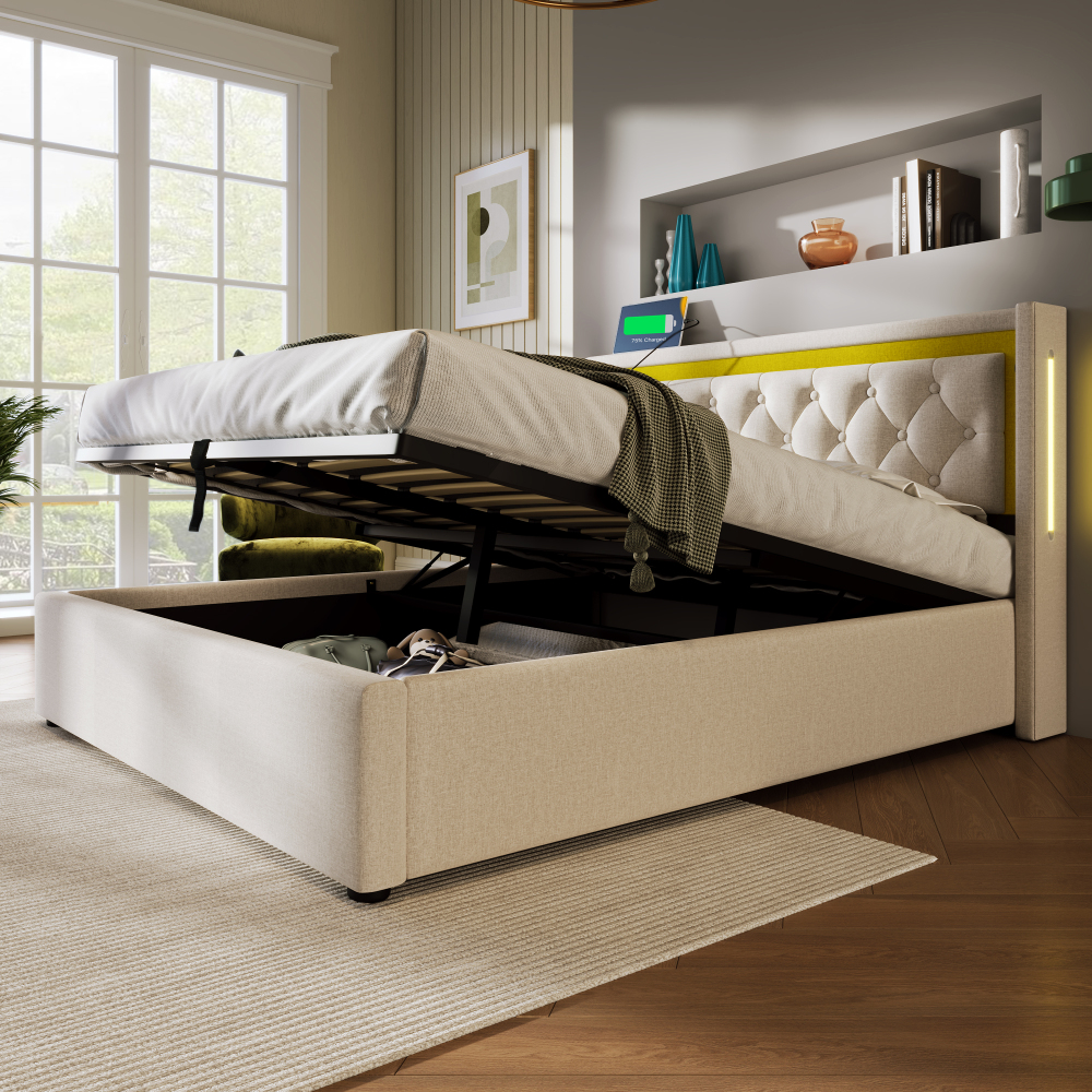 Cama Doble Tapizada 140x200cm con Canapé, LED y USB-C, Algodón – Beige
