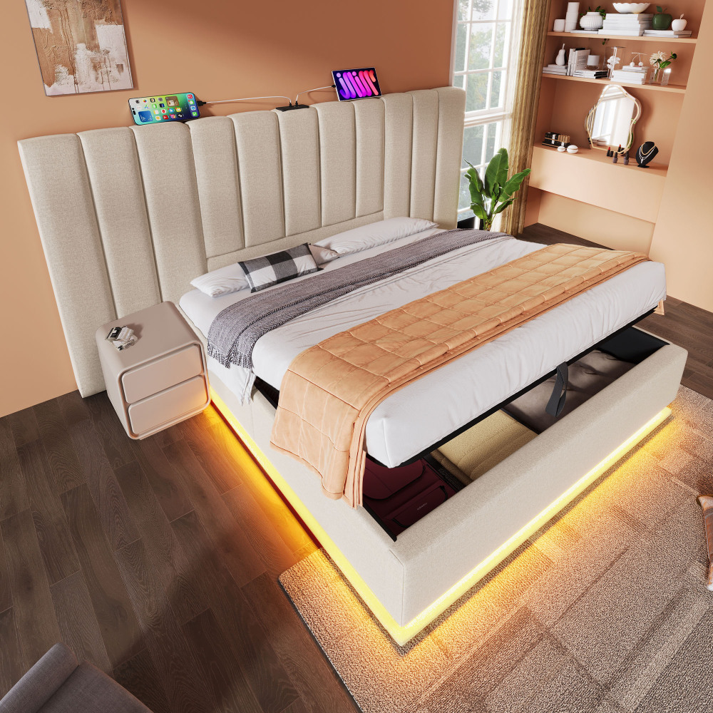 Cama tapizada 160x200cm con canapé, LED y usb tipo c lino – beige