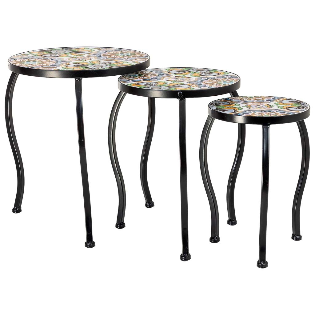 Soporte set 3 pzas de mosaico y forja verde 33x33x37h-28x28x33h-23x23x
