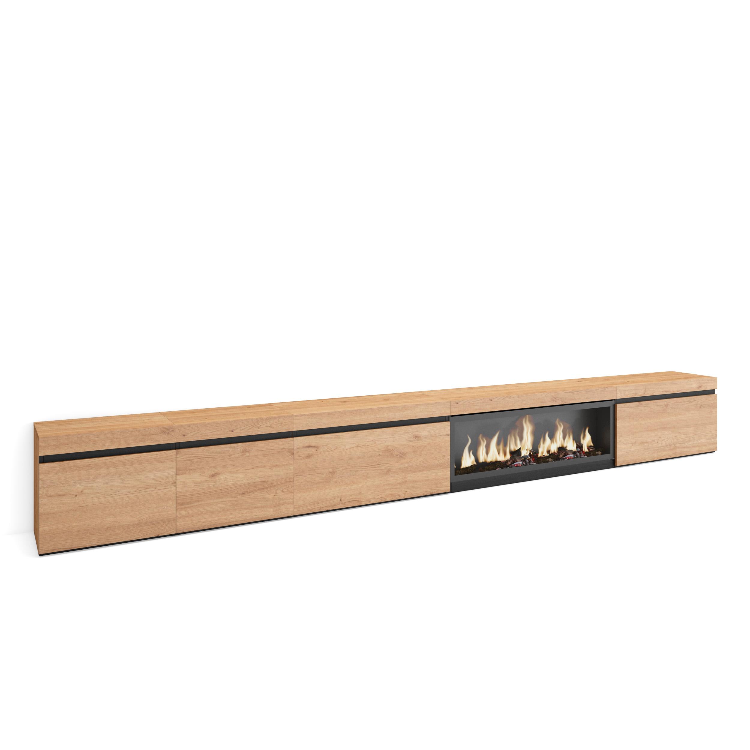 Mueble tv, 368x35x45cm, roble, chimenea eléctrica xxl rf3694