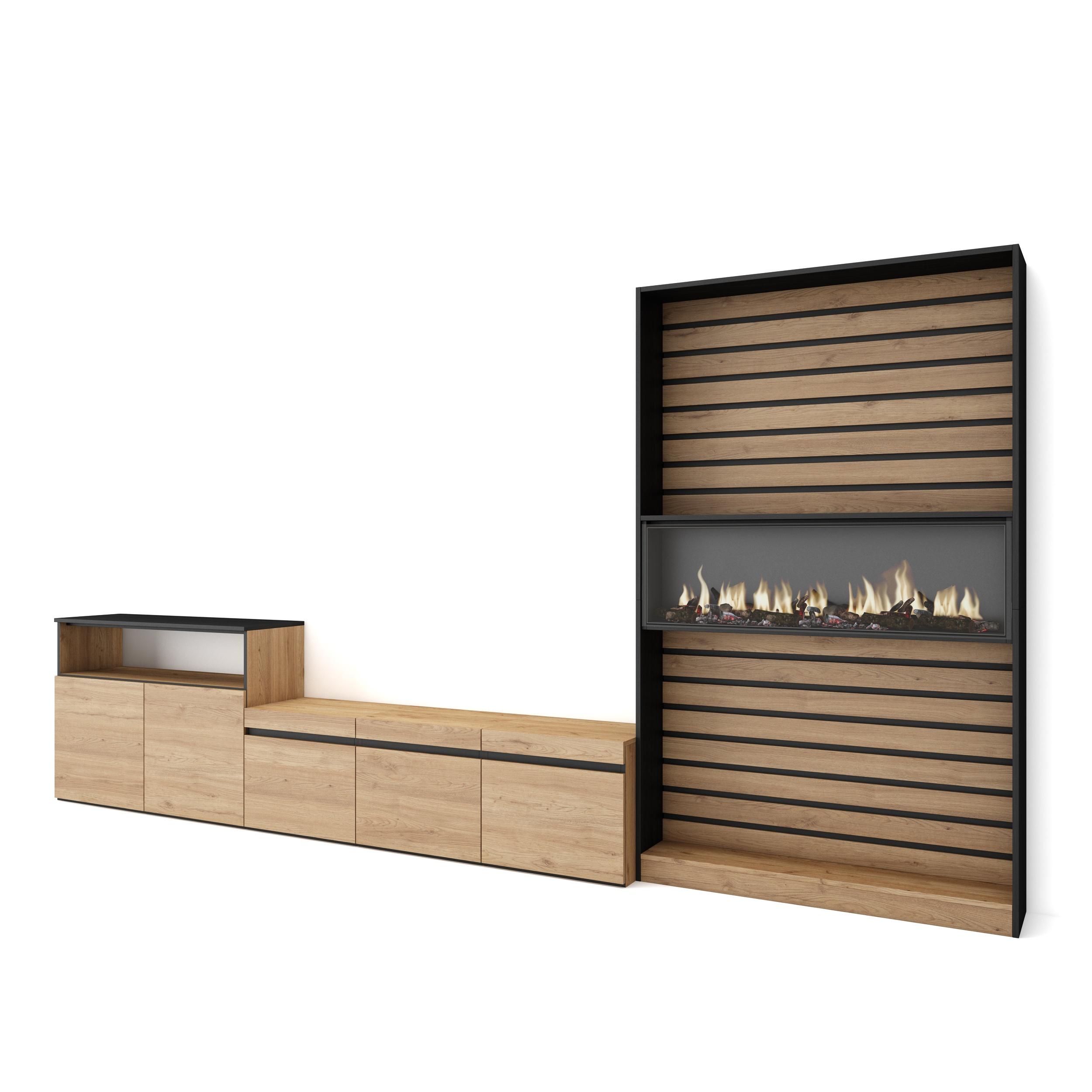 Muebles salón, 360x35x186cm, roble y negro, chimenea eléctrica xxl rf3163