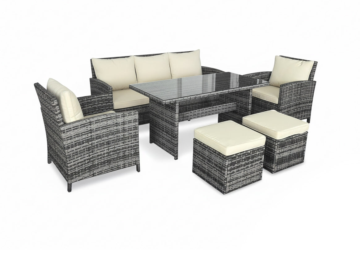 Sofa 3 plazas + 2 sillas + mesa + 2 pufs en ratan pe. Muebles de jardin y